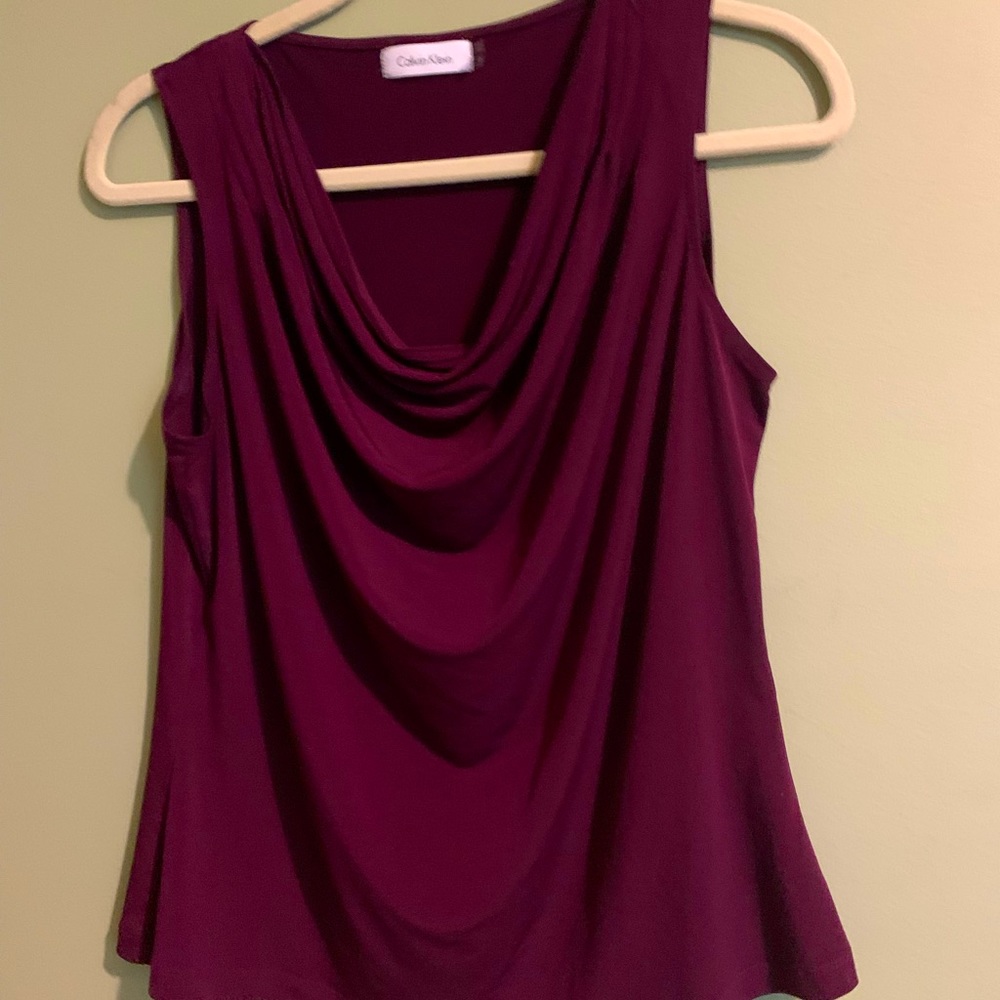 Calvin Klein Solid Matte Jersey Pleated Crew Neck Sleeveless Top Large